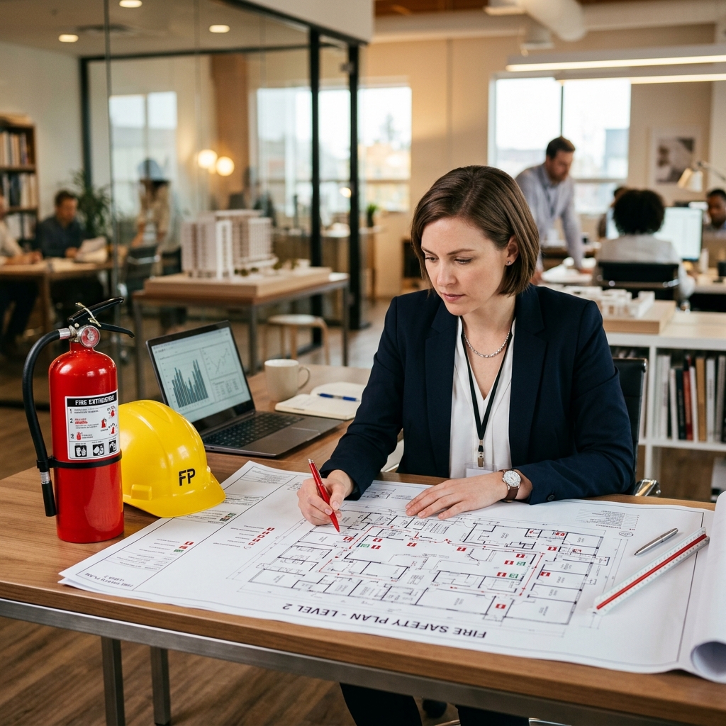 Engenheiro analisando projetos de proteção contra incêndio